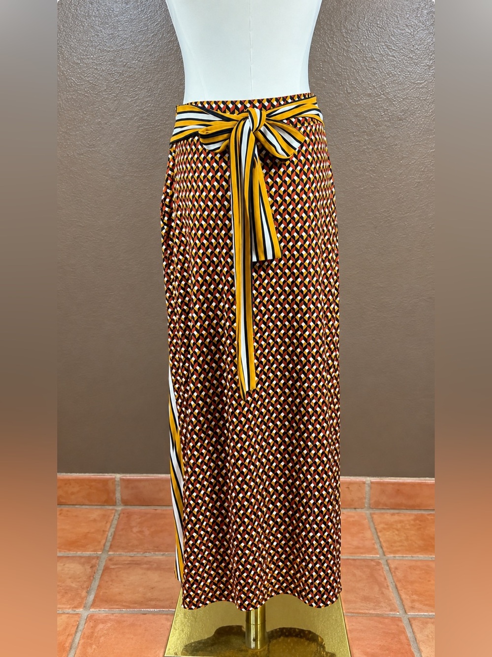 MICHAEL Michael KORS Geometric Faux Wrap Maxi Skirt Size M Tie Waist